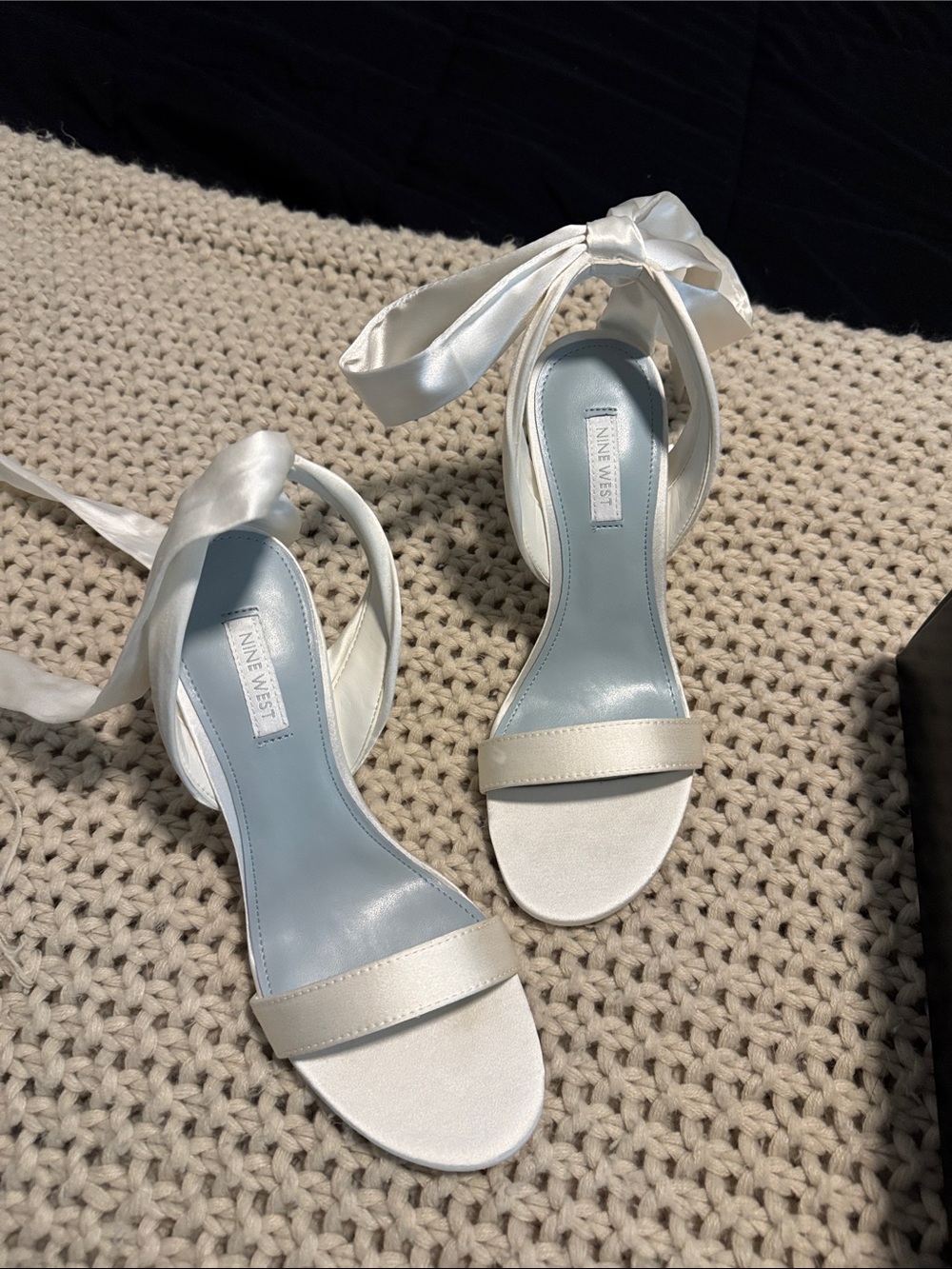 Nine West Ivory Satin Ankle-Tie Heels